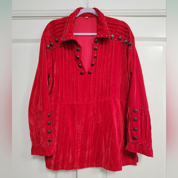 Red Velvet Western Native American Style Top With Metal Button Details Size XL - Picture 1 of 7